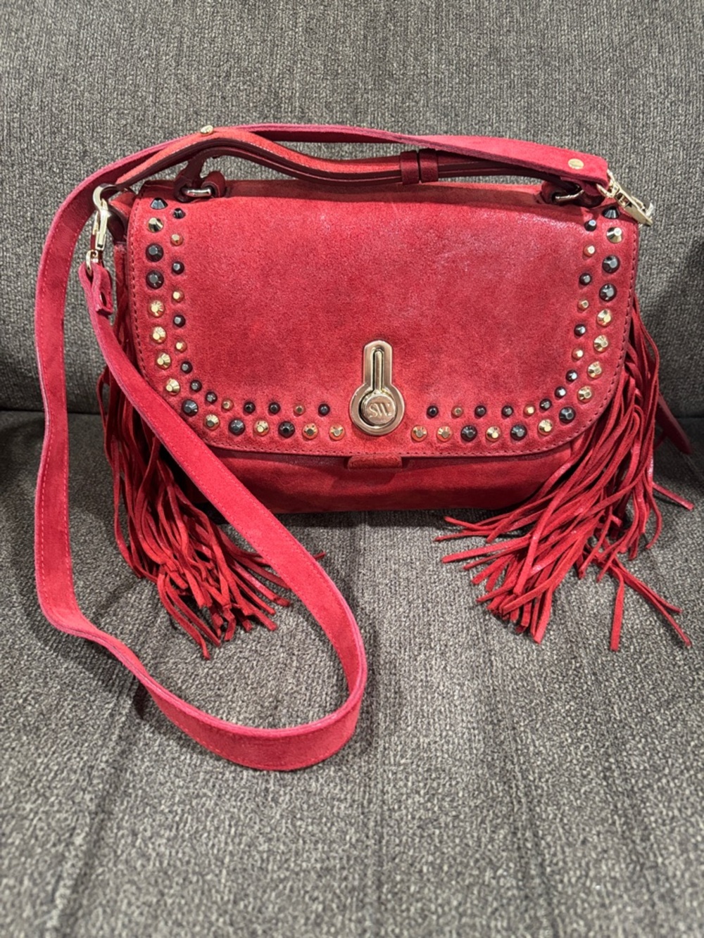 Stuart Weitzman Red Suede Fringe Crossbody with Stud Accents